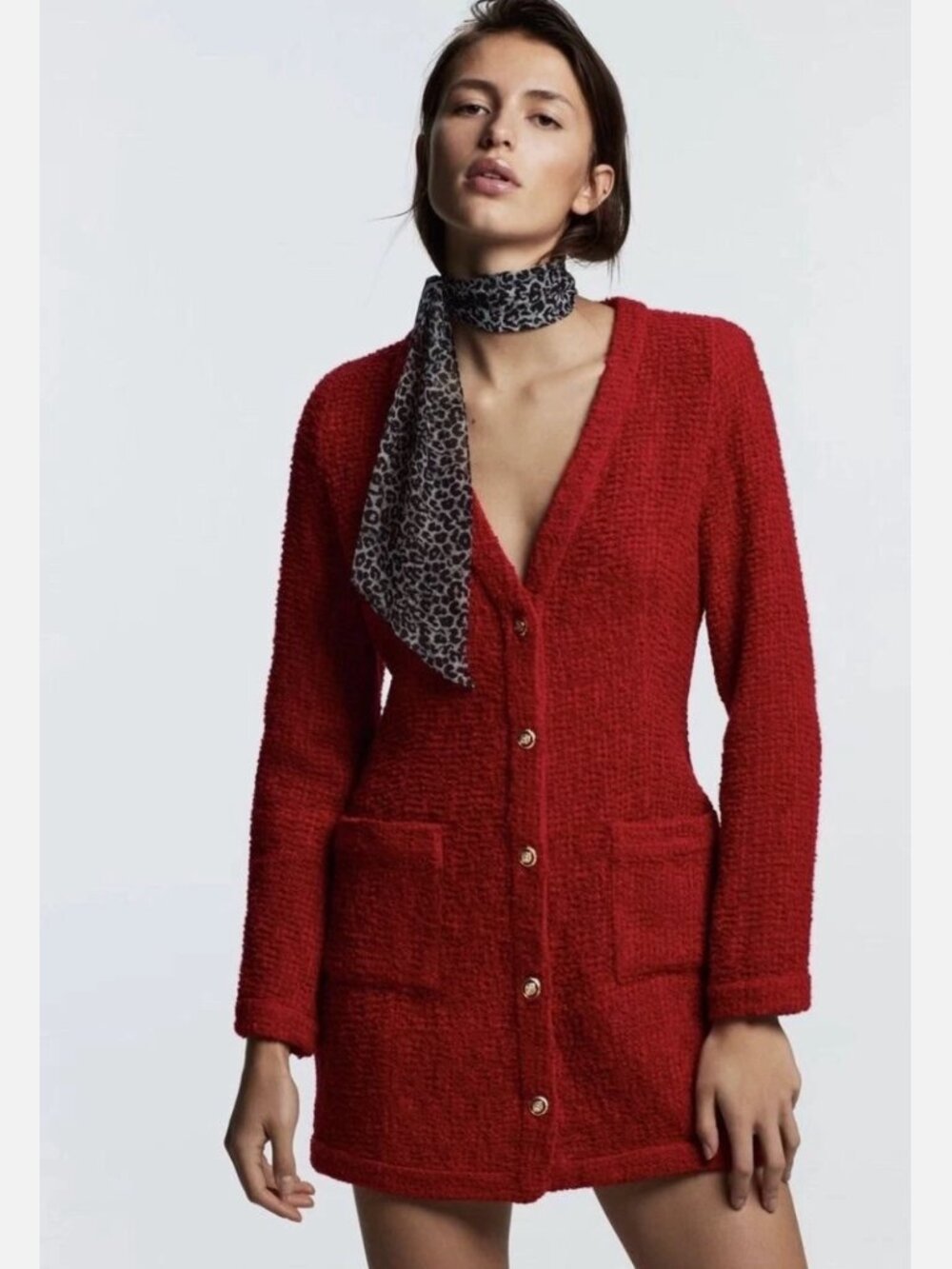 Zara Tweed Size Medium Red Gold Button Tunic Cardigan Long Womens